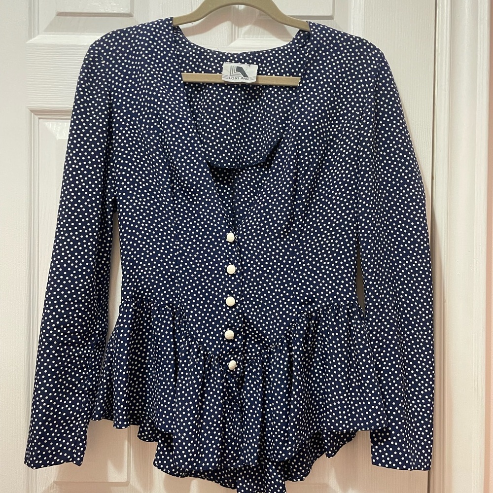 1980s Lori Ann Polka Dot Peplum Blouse | Vintage Cottagecore Secretary Top SZ S